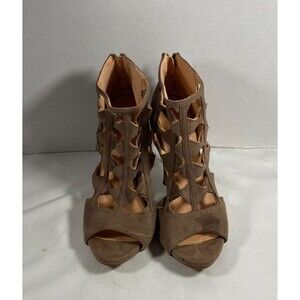 Yoki Womens Brown Suede Cage Cutout Peep Toe Sandal Bootie Heels